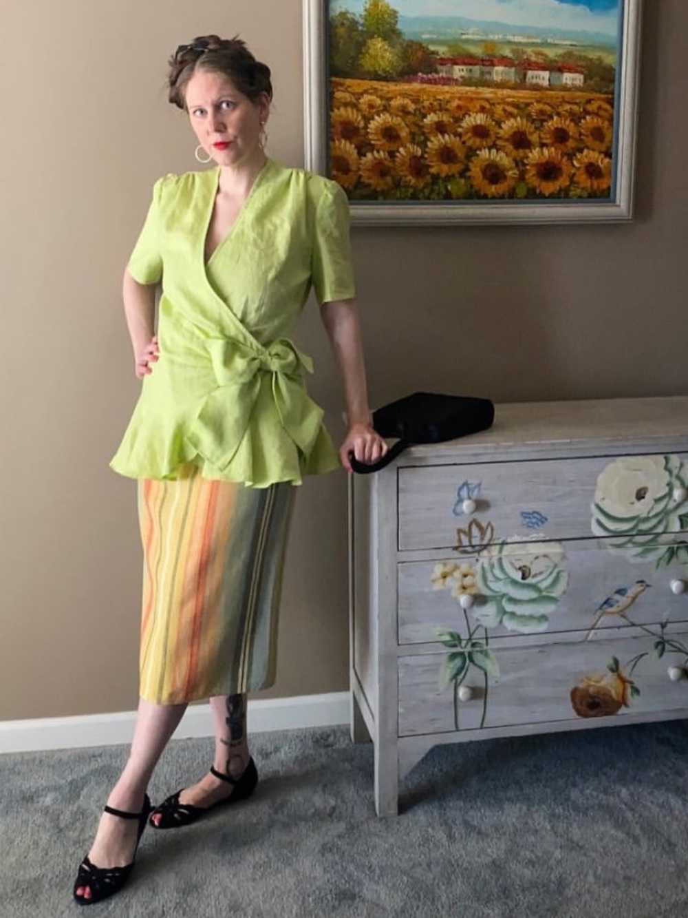 Handmade Cotton Linen Lime Chartreuse Green Ruffle Bow 1940’s Blouse Top